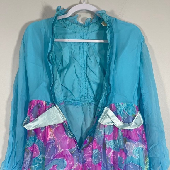 VTG 1960s Floral Chiffon Maxi Dress Womens Medium Blue Pink Buttons Ruffles - Picture 6 of 11